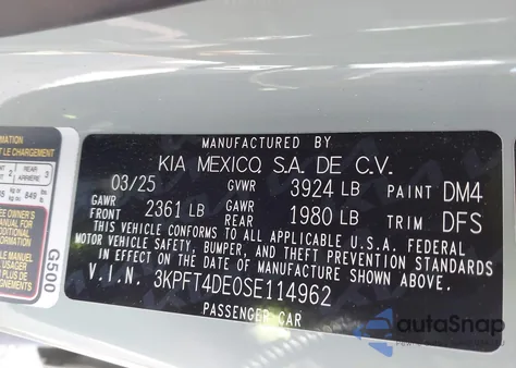 2025 Kia K4 Lxs из США, поврежденный, VIN 3KPFT4DE0SE114962